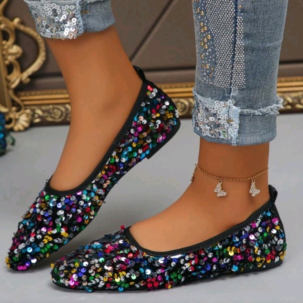 Rainbow Multicolor Sequin Pointed Toe Flat Shoes Size 8